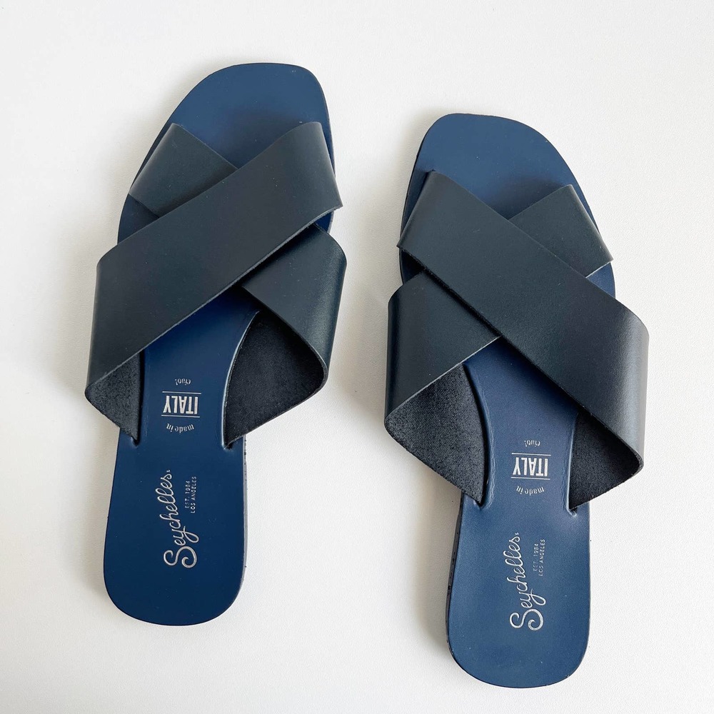 Seychelles Navy Blue Leather Total Relaxation Slide Sandals Size 7.5
